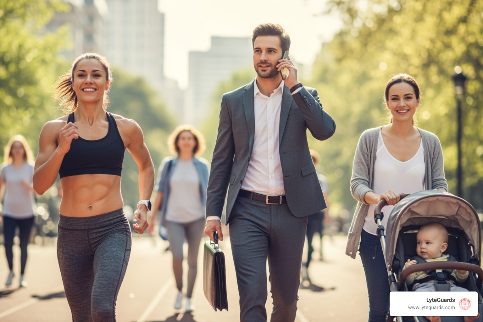 Diverse people looking healthy and energetic (athlete, professional, new mother) - home IV hydration services