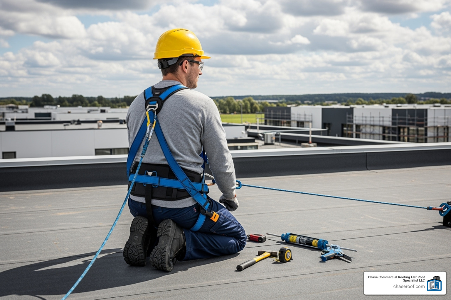 safety gear for roof work - flat roof skylight repair