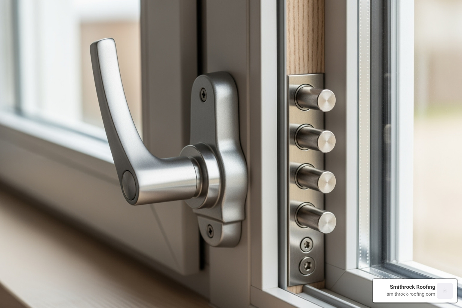 close-up of a modern casement window crank and locking hardware - casement windows replacement winston salem close-up of a modern casement window crank and locking hardware - casement windows replacement winston salem