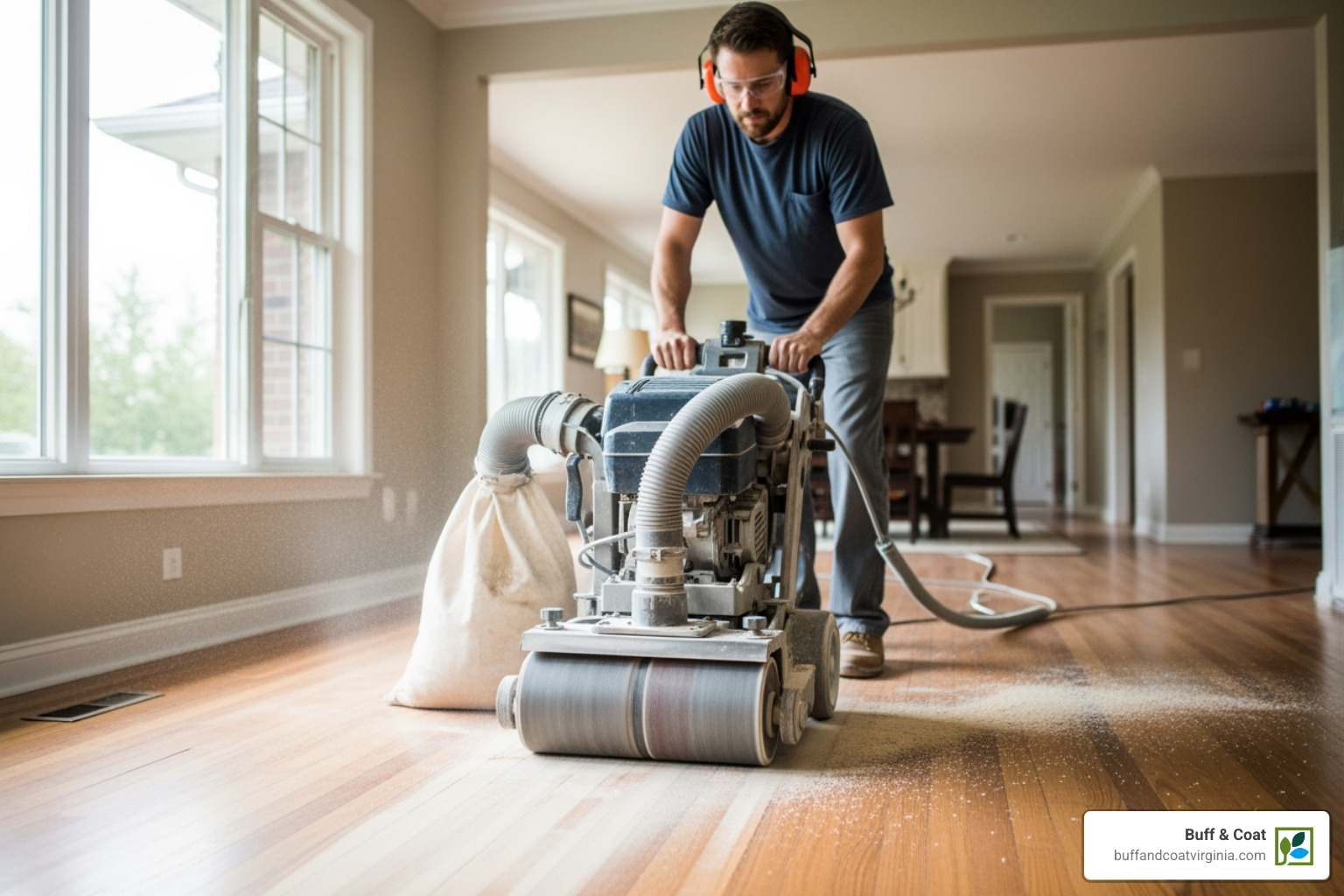 Professional using a large drum sander on a hardwood floor - finishing hardwood floors Professional using a large drum sander on a hardwood floor - finishing hardwood floors
