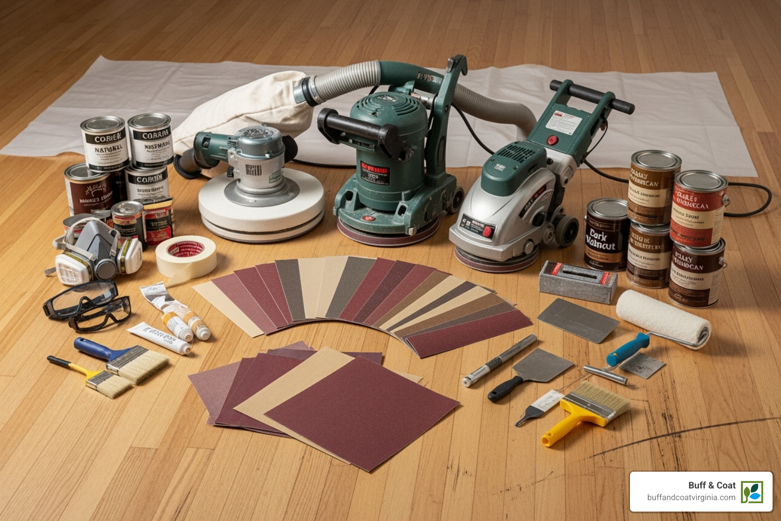 Essential tools and materials laid out for a DIY hardwood floor refinishing project - finishing hardwood floors Essential tools and materials laid out for a DIY hardwood floor refinishing project - finishing hardwood floors