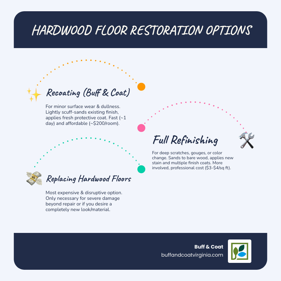 Infographic comparing the main methods for restoring hardwood floors: full refinishing, recoating (buff & coat), and replacement, detailing their typical costs, timeframes, and suitability for different floor conditions. - finishing hardwood floors infographic infographic-line-3-steps-blues-accent_colors Infographic comparing the main methods for restoring hardwood floors: full refinishing, recoating (buff & coat), and replacement, detailing their typical costs, timeframes, and suitability for different floor conditions. - finishing hardwood floors infographic infographic-line-3-steps-blues-accent_colors