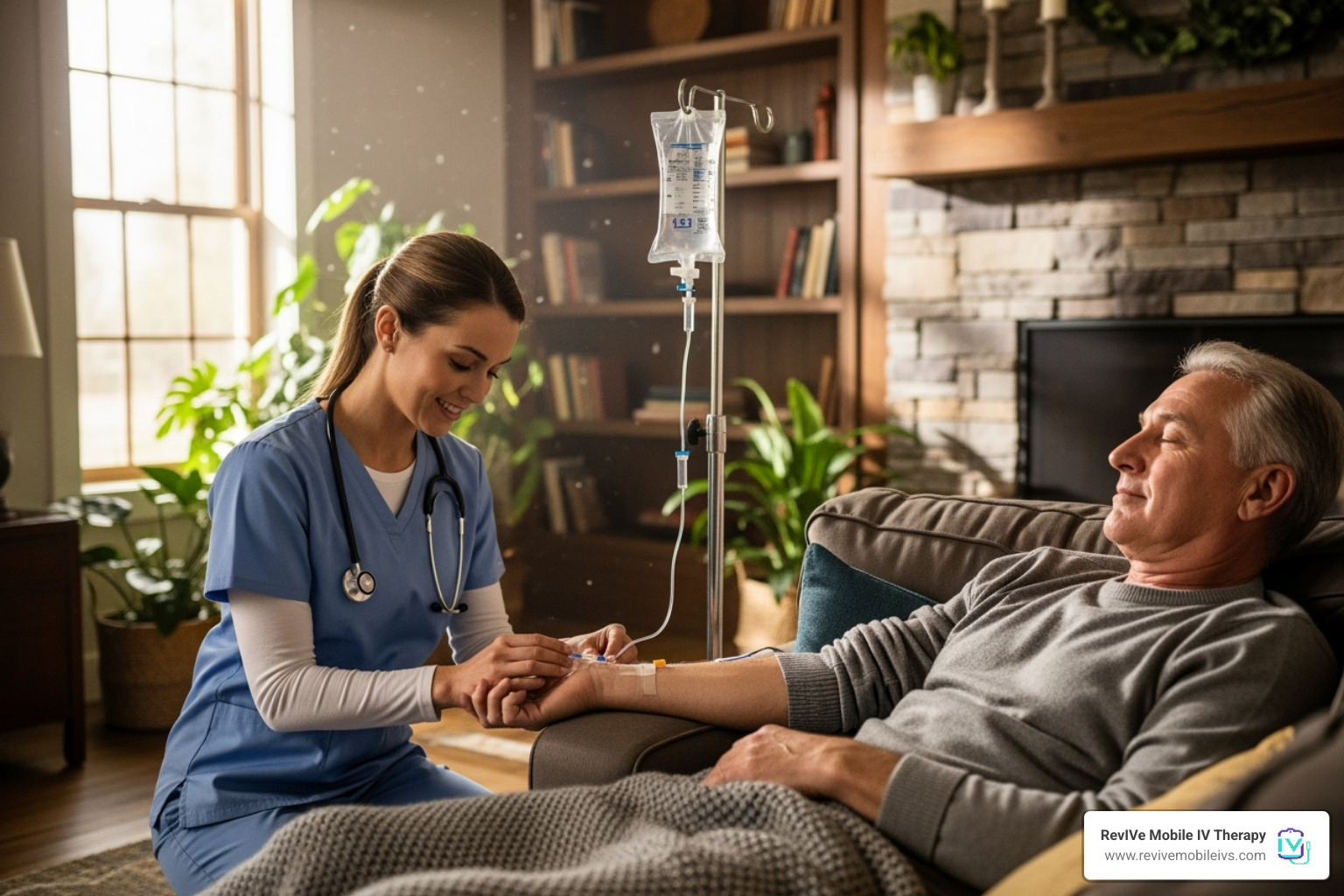 nurse administering an IV drip in a comfortable home setting - Hangover IV