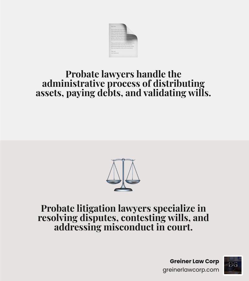 Infographic comparing the roles of a Probate Lawyer (handling administrative tasks for estate distribution) and a Probate Litigation Lawyer (specializing in legal conflicts and disputes involving wills, trusts, and estates) - probate litigation lawyer infographic 2_facts_emoji_grey