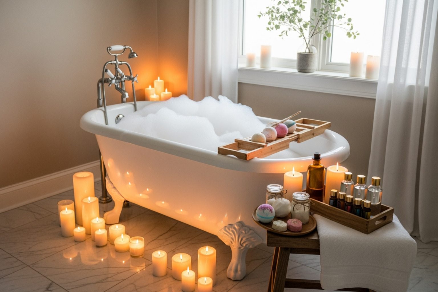Luxurious bath setup with candles and bath products - natural beauty gift guide