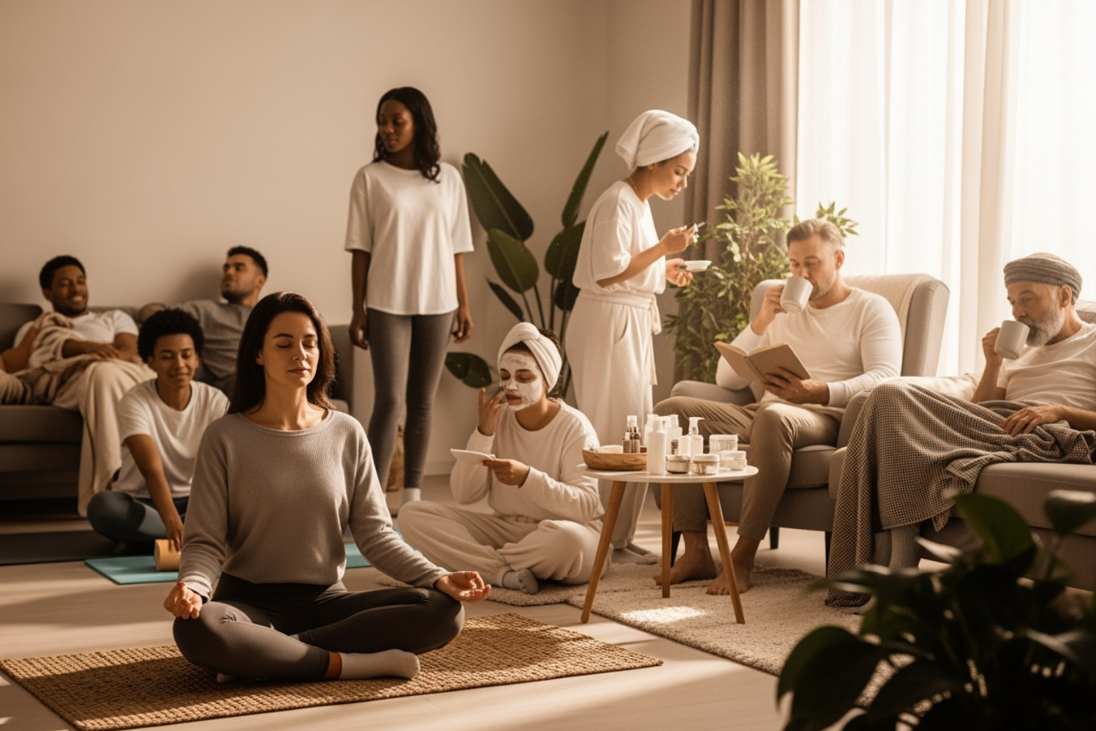 A diverse group of people enjoying self-care moments - natural beauty gift guide