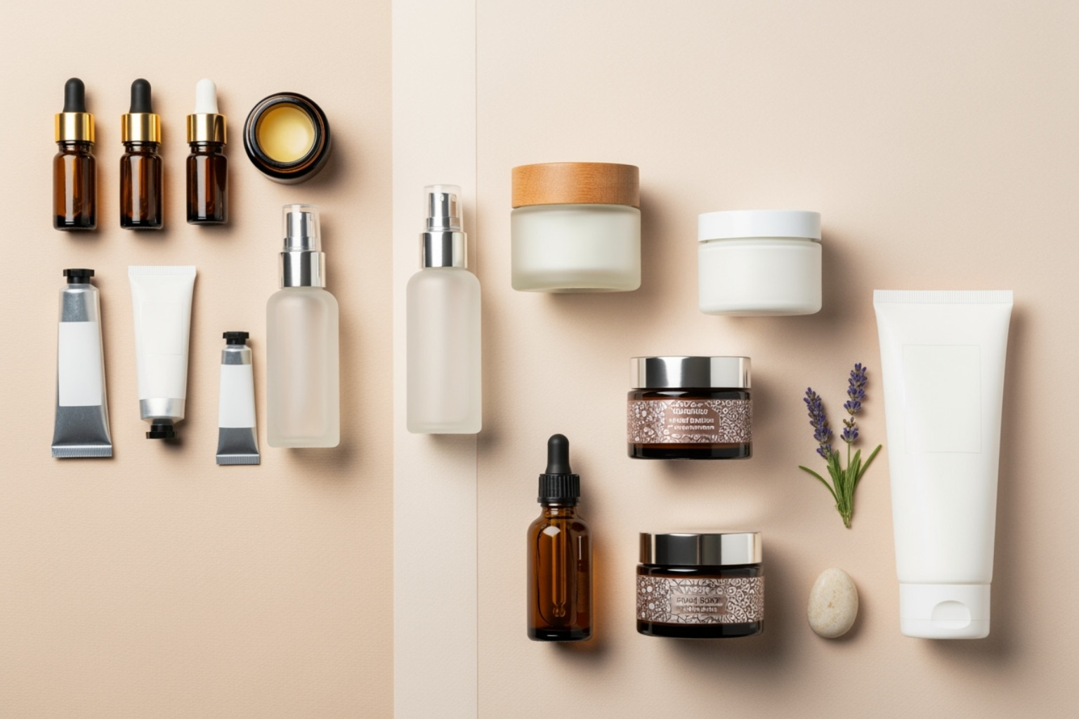 Flat lay of gifts separated by price tags or categories - natural beauty gift guide