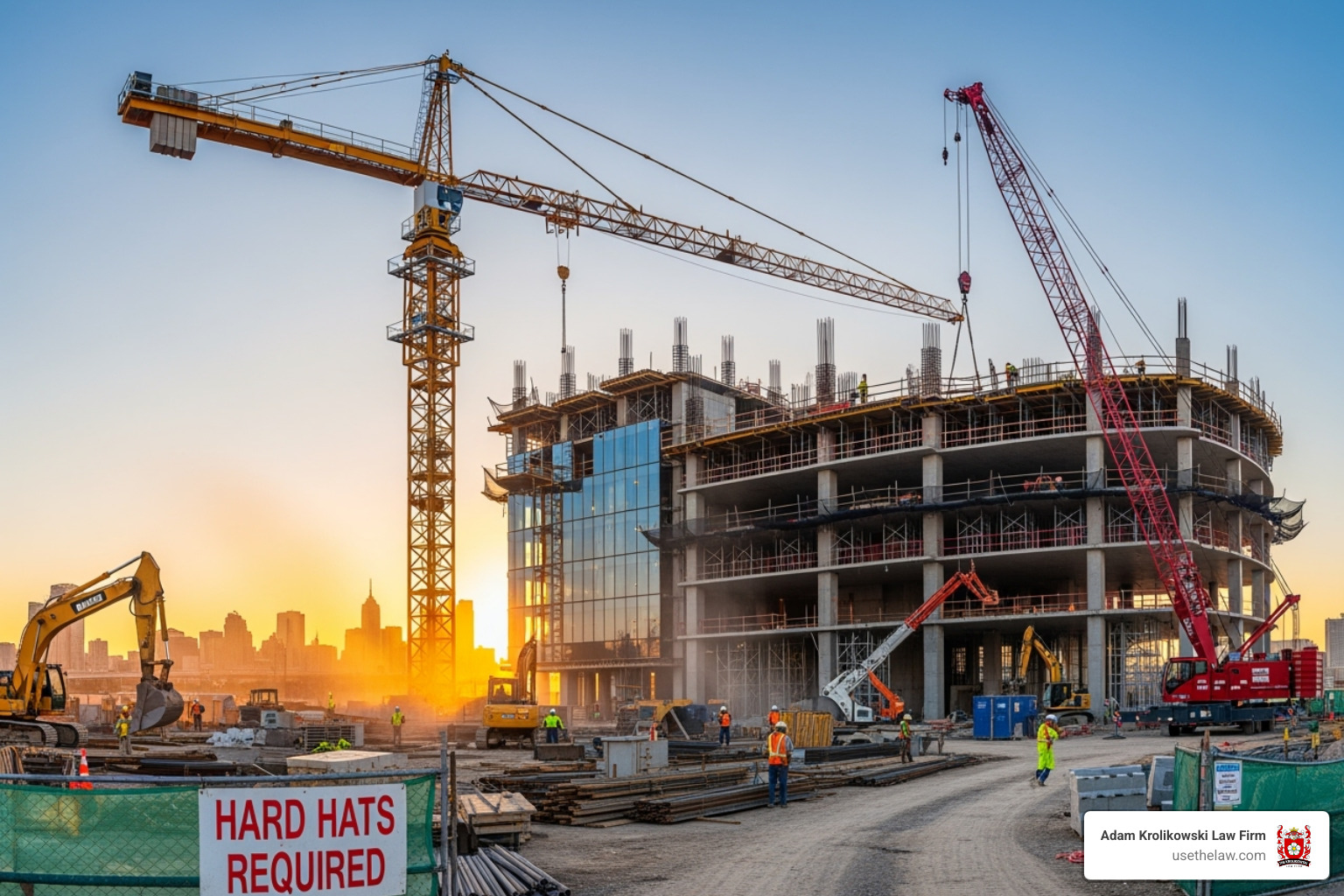various construction equipment like cranes and scaffolding - construction accident injury attorney los angeles