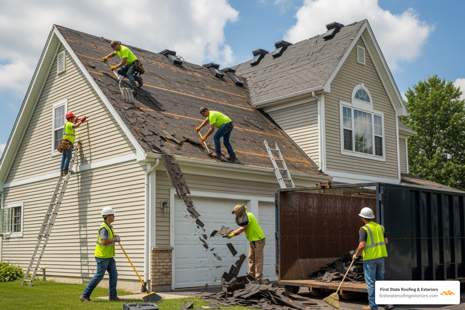 A roofing crew carefully removing old shingles from a roof - Smyrna roof replacement