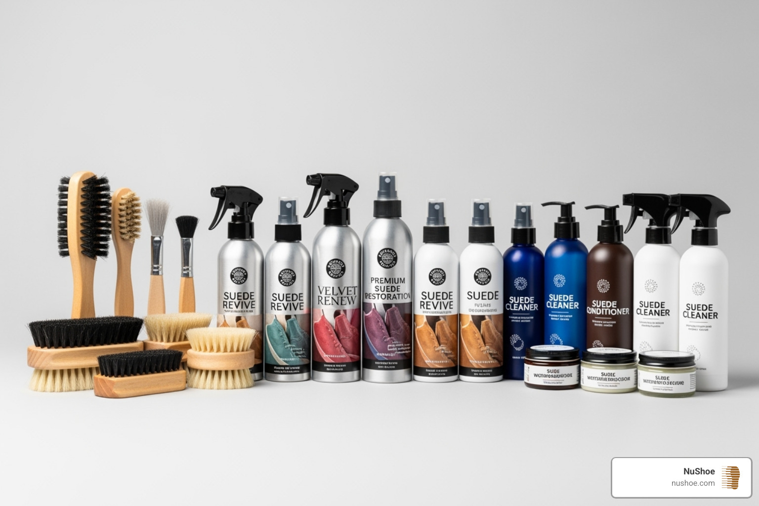 A lineup of NuShoe-recommended suede renewal spray bottles and care products - suede renewal sprays