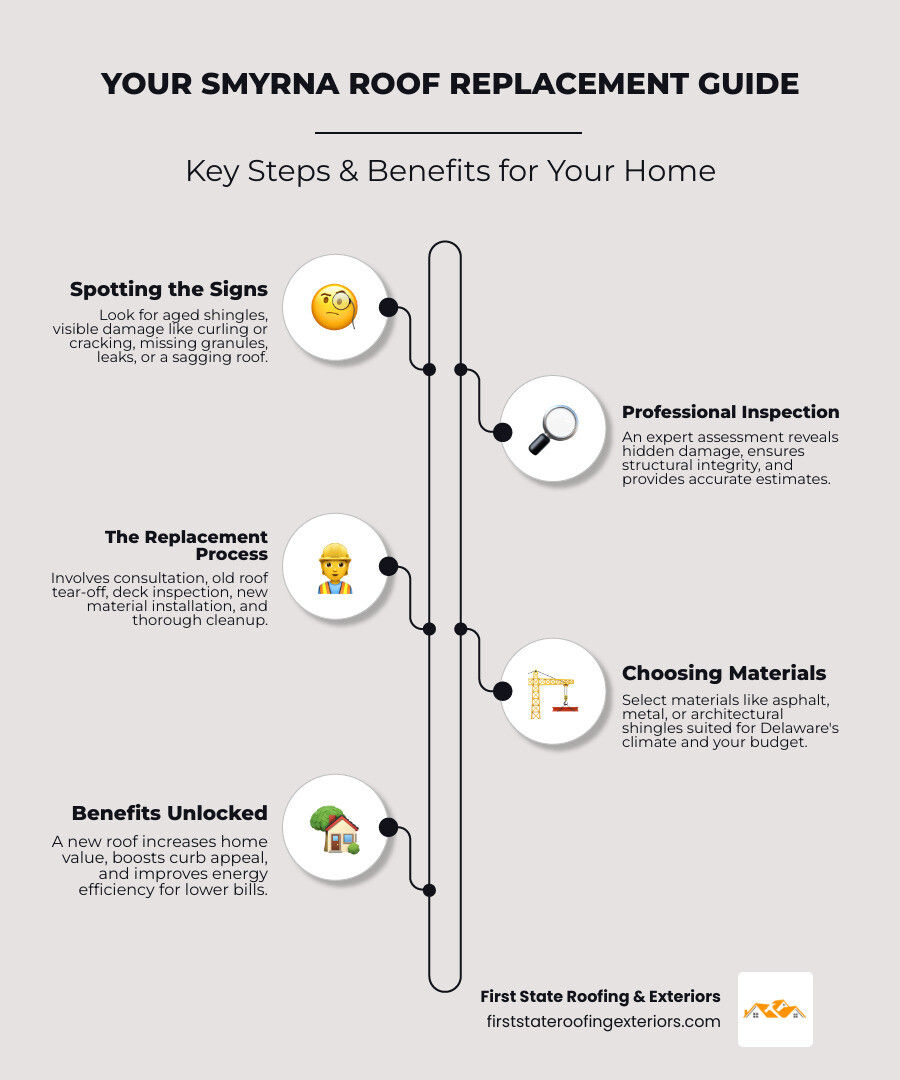 Infographic detailing the key signs a roof needs replacement, the typical replacement process, and the benefits of a new roof, including increased home value and energy efficiency. - Smyrna roof replacement infographic infographic-line-5-steps-neat_beige
