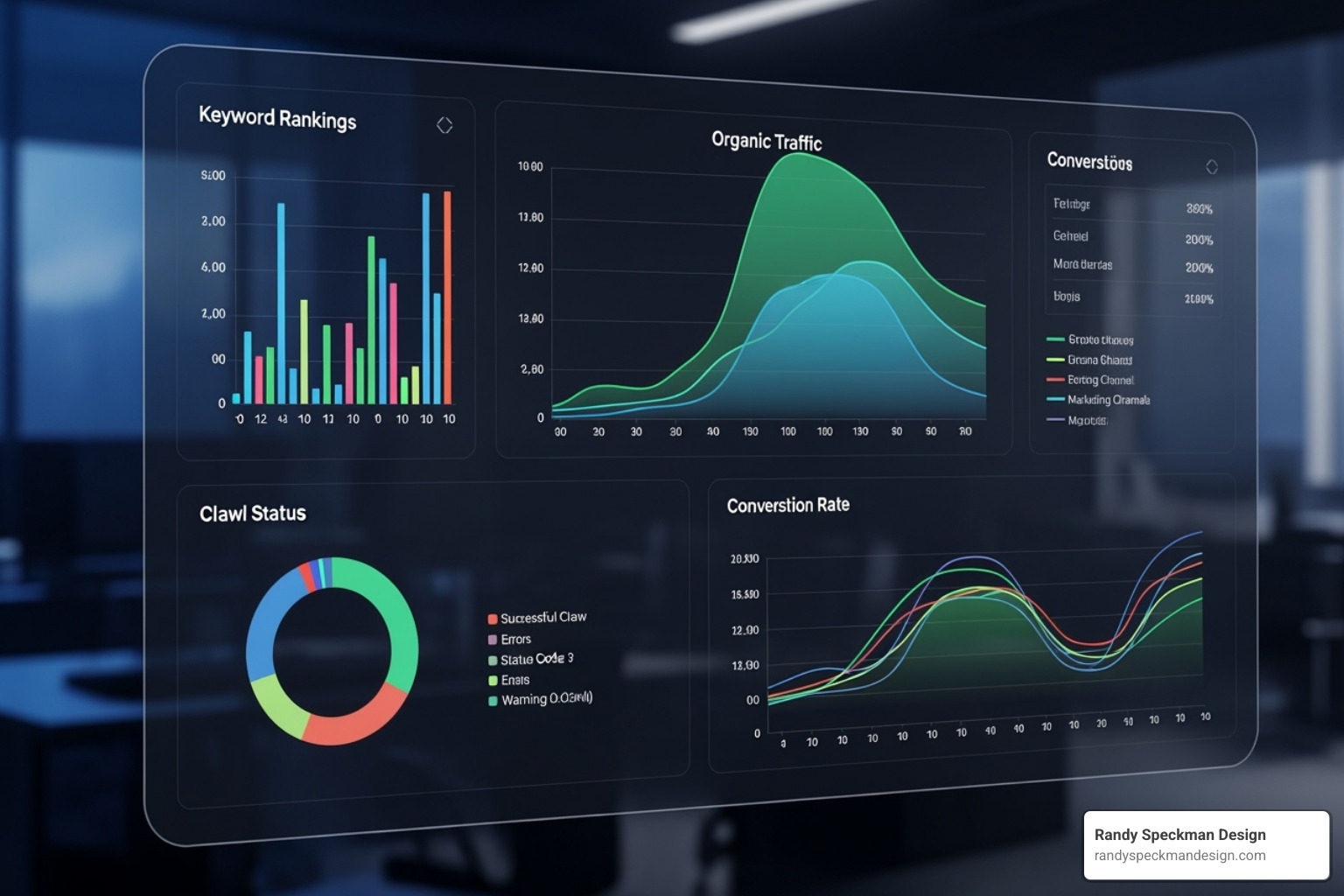 Image of a dashboard displaying key post-launch SEO metrics like organic traffic, keyword rankings, crawl errors, and conversion rates - seo friendly website redesign
