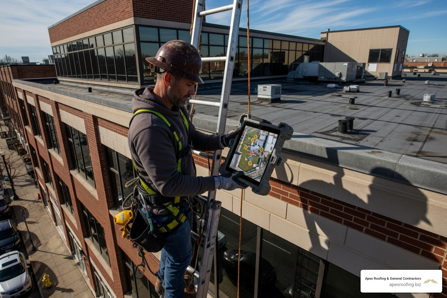 roofer on a ladder conducting a roof inspection with a tablet - new braunfels commercial roofing company