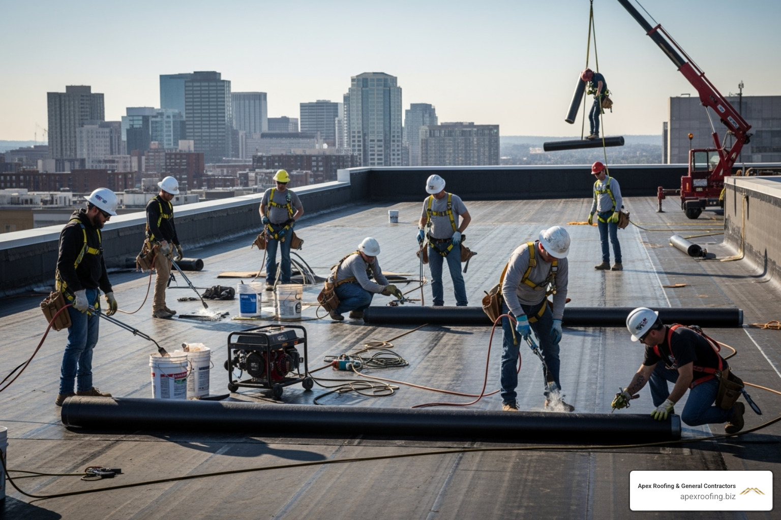 professional roofing crew working on a large commercial flat roof - new braunfels commercial roofing company