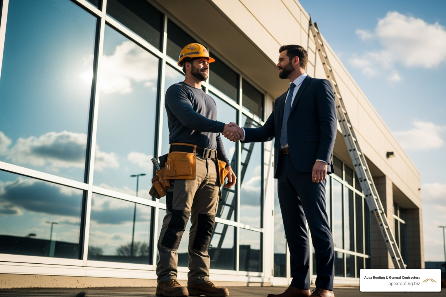 roofer shaking hands with a business owner - new braunfels commercial roofing company