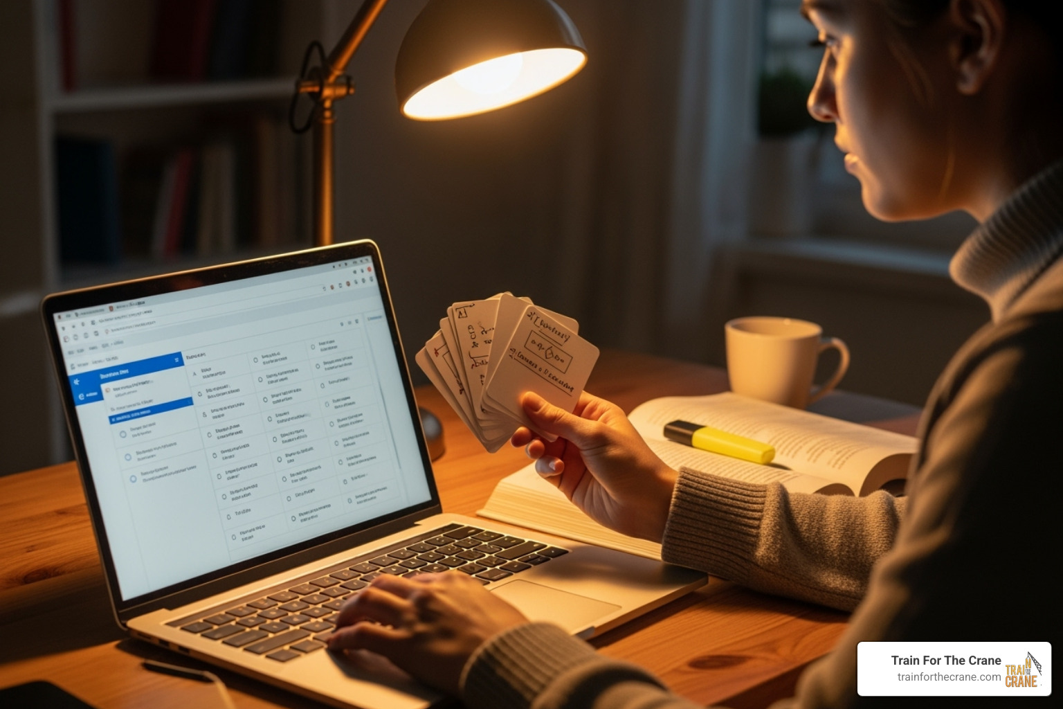 student studying with flashcards and a laptop showing a practice test - nccco test prep