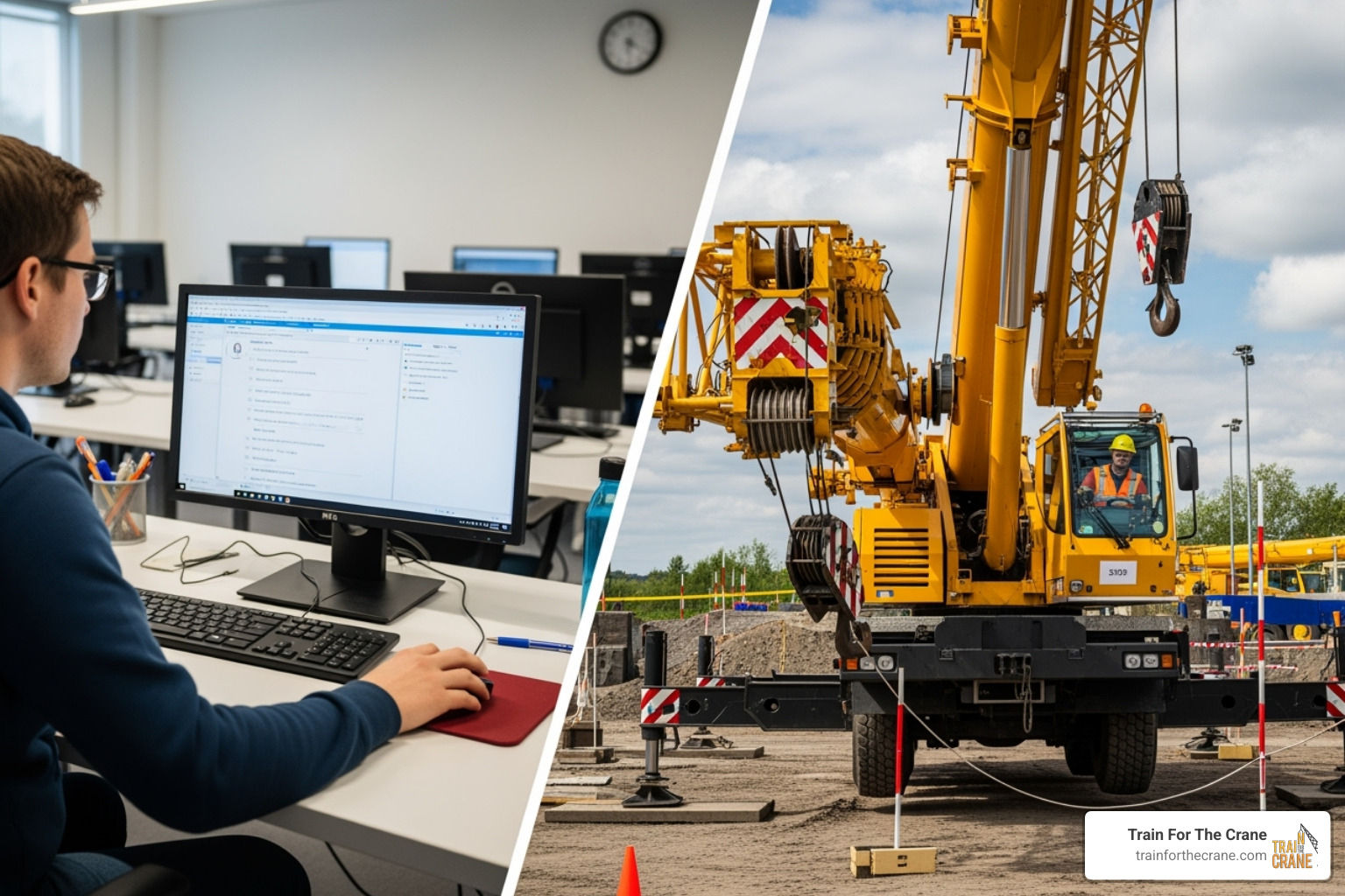 split screen showing a computer-based test on one side and a practical exam course on the other - nccco test prep