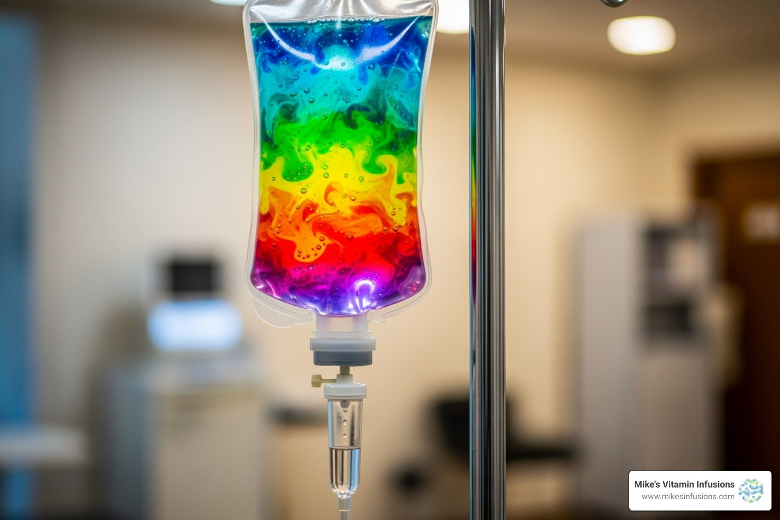 IV drip bag with colorful vitamins inside - iv therapy for flu
