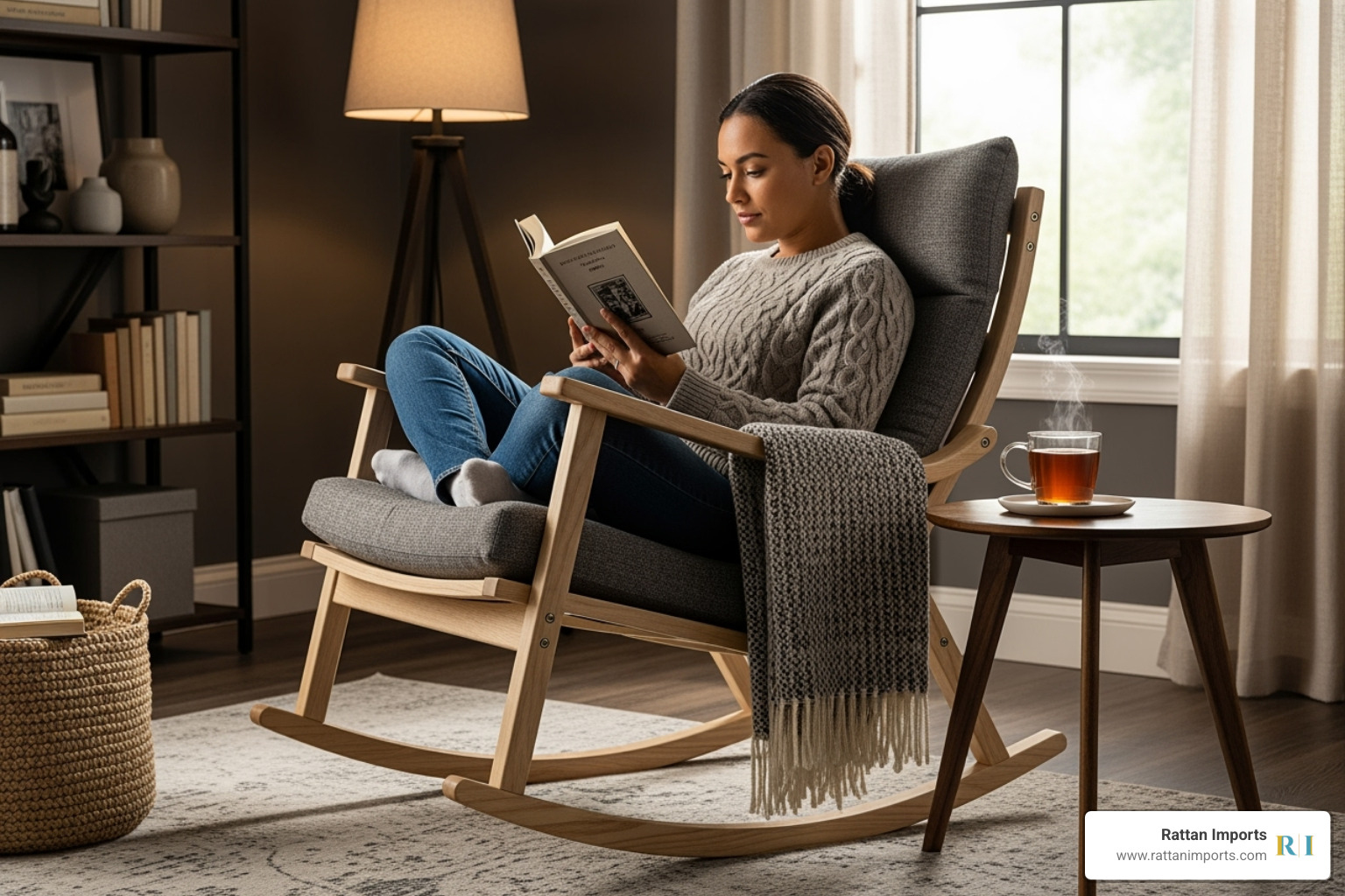 Person relaxing in a modern rocking chair with a book and a cup of tea - glider chair ikea