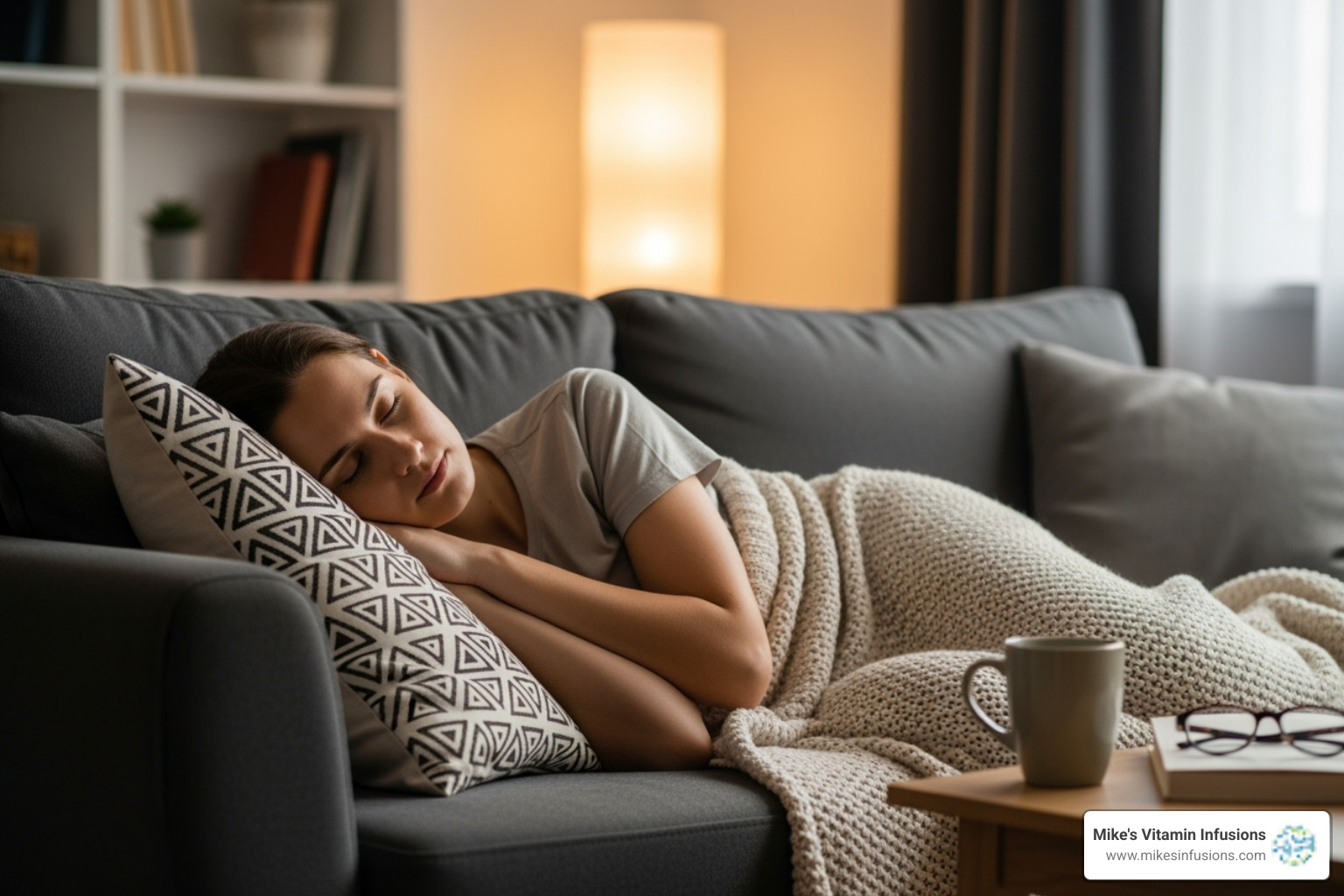 person resting comfortably on a couch at home with a blanket - iv therapy for flu