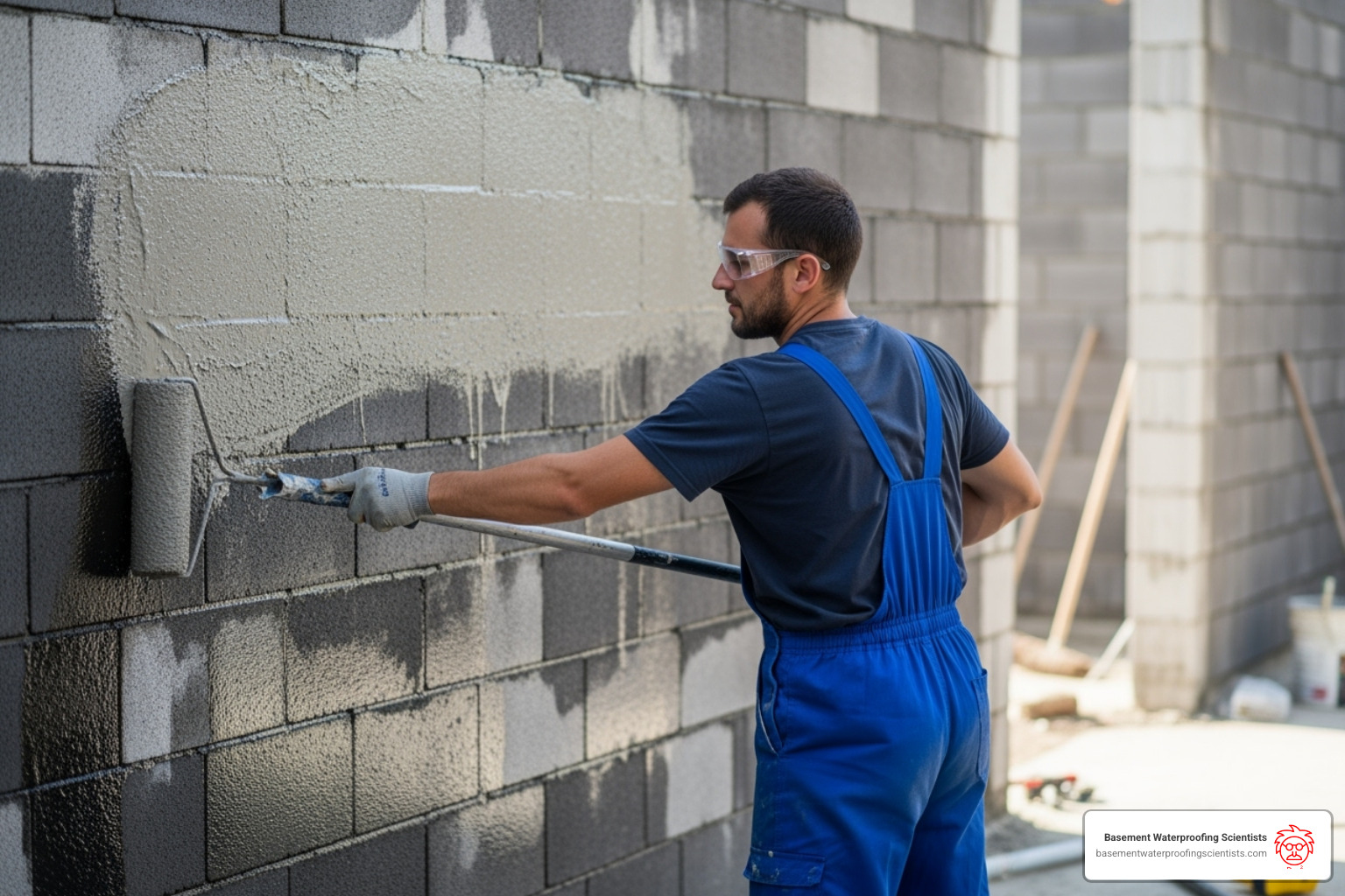 professional applying liquid membrane to block wall with roller - concrete block wall waterproofing professional applying liquid membrane to block wall with roller - concrete block wall waterproofing
