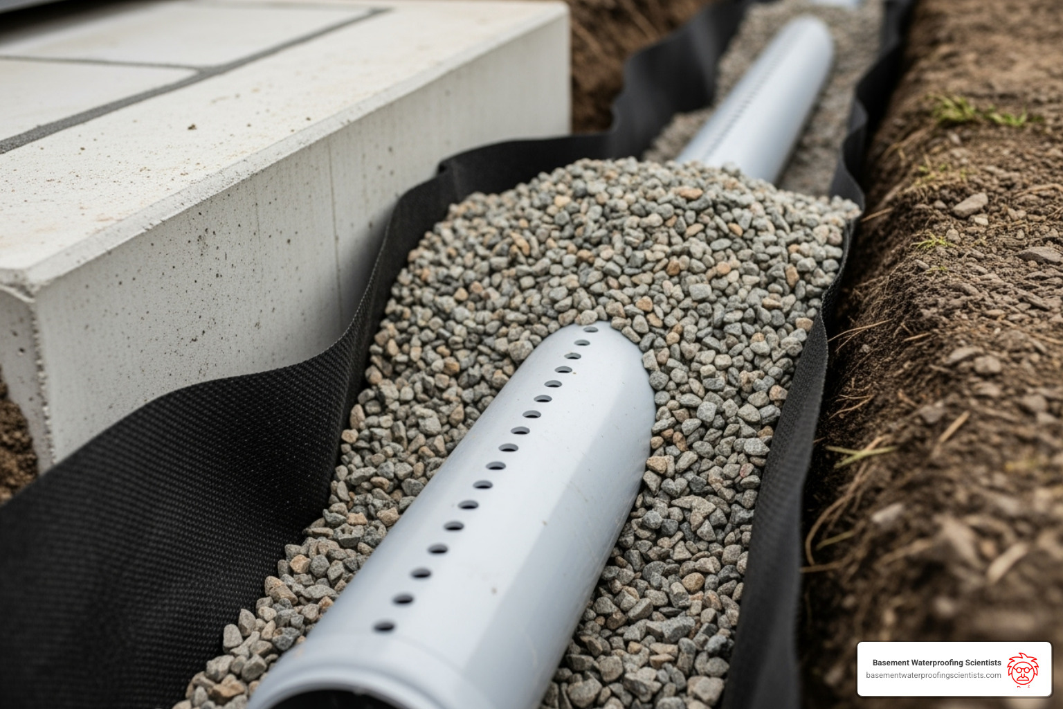 footing drain (French drain) being installed - concrete block wall waterproofing footing drain (French drain) being installed - concrete block wall waterproofing