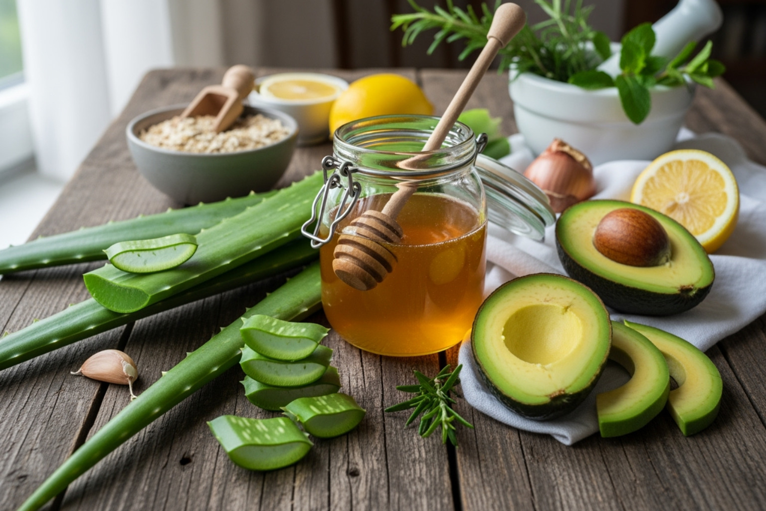 various natural ingredients like aloe vera, honey, and avocado on a wooden table - natural anti aging remedies