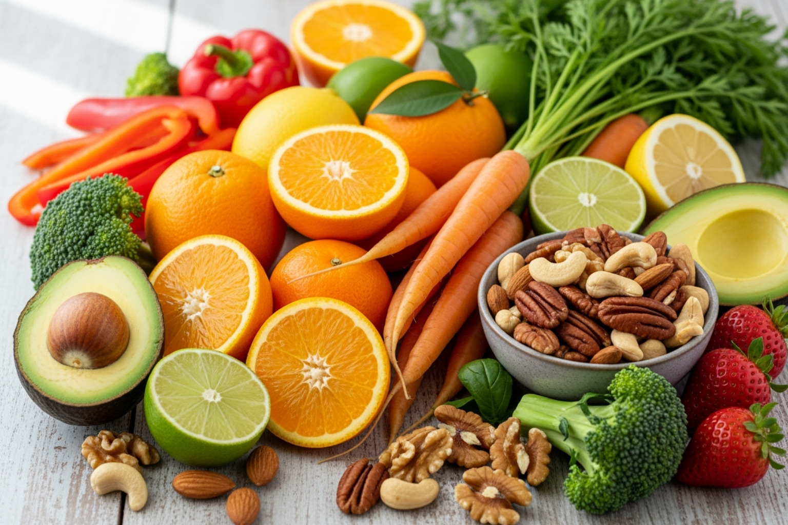 foods rich in vitamins A, C, and E like citrus fruits, carrots, and nuts - natural anti aging remedies