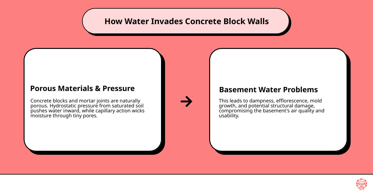 Infographic showing how water penetrates porous concrete blocks and mortar joints through hydrostatic pressure and capillary action. - concrete block wall waterproofing infographic cause_effect_text Infographic showing how water penetrates porous concrete blocks and mortar joints through hydrostatic pressure and capillary action. - concrete block wall waterproofing infographic cause_effect_text
