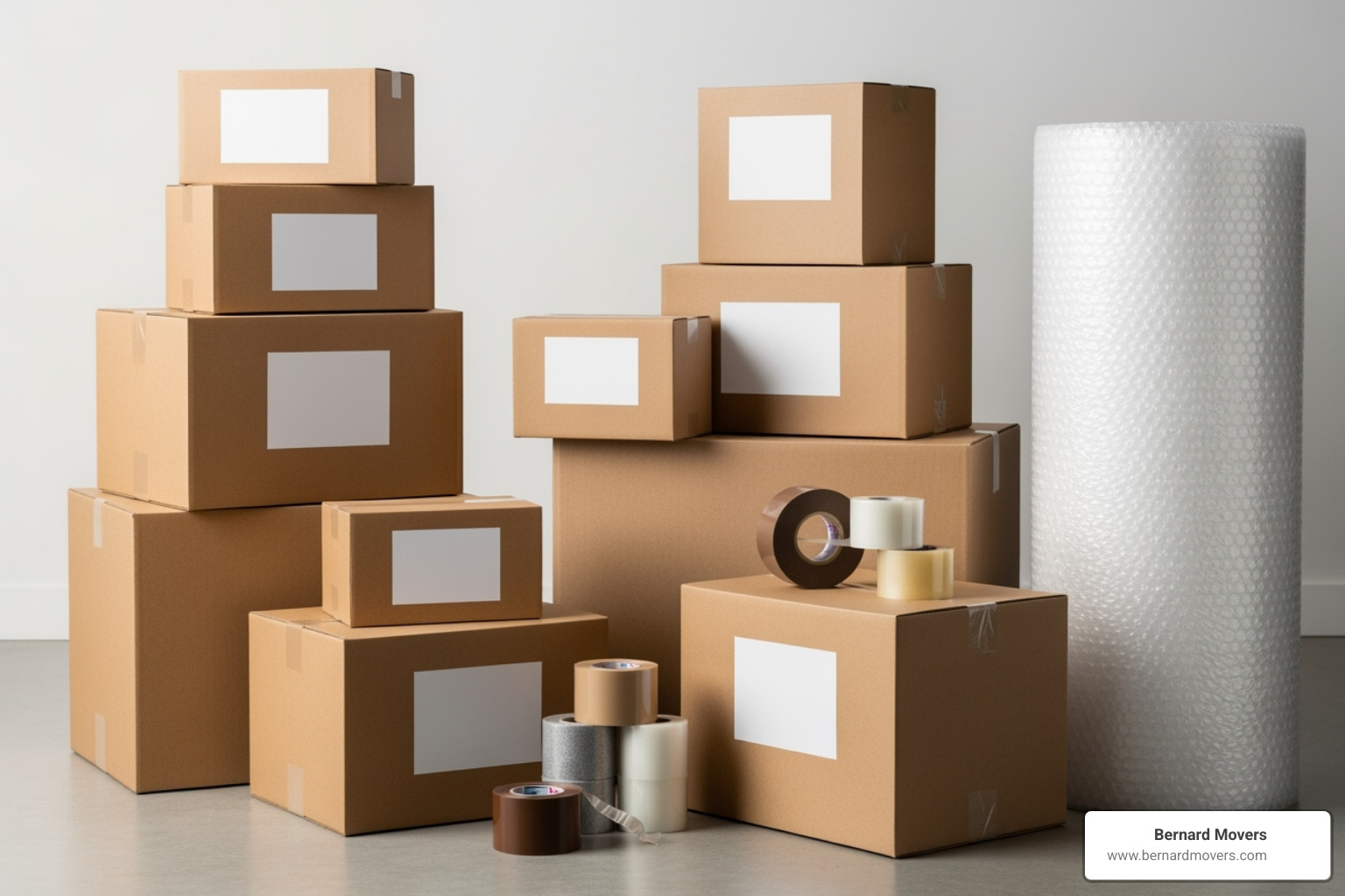 Moving boxes, packing tape, and bubble cushioning roll neatly organized - planning to move out of state