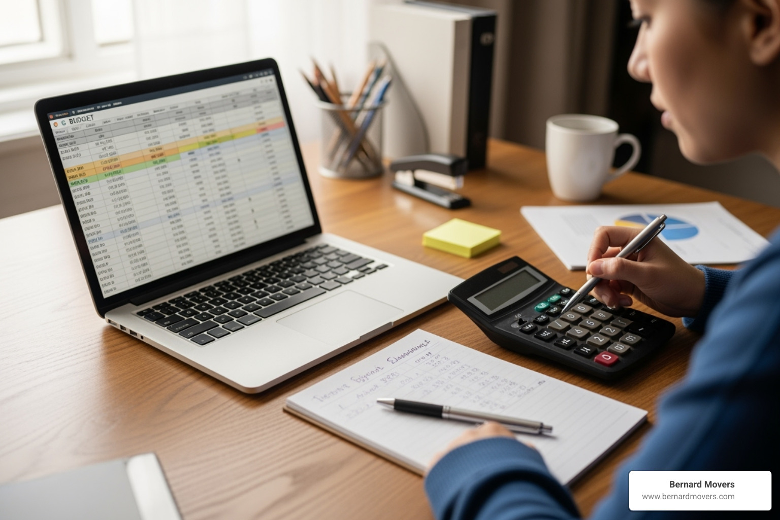 A person at a desk with a laptop, calculator, and notepad, creating a budget - planning to move out of state