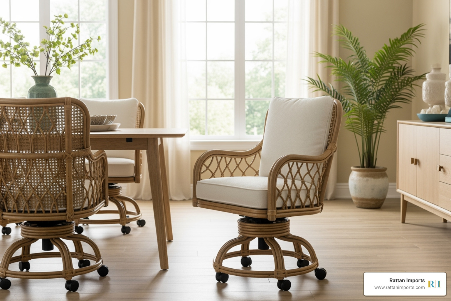 swivel tilt caster dining chair with woven rattan frame - swivel tilt caster dining chairs