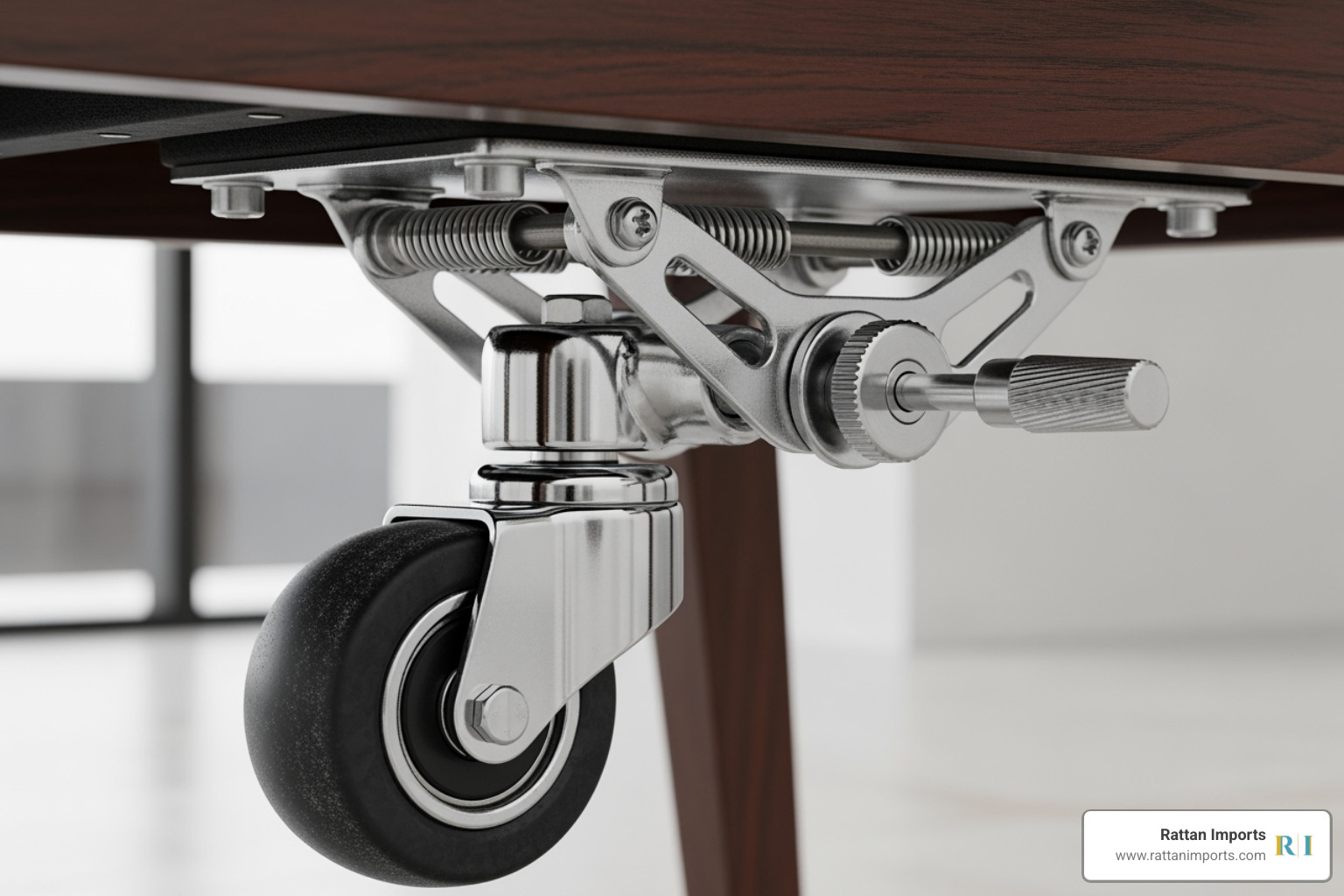 close-up of caster wheel and tilt mechanism - swivel tilt caster dining chairs