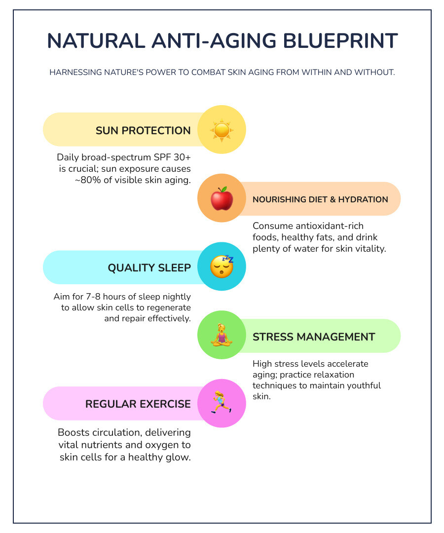 Infographic illustrating the primary causes of skin aging, such as sun exposure, diet, and lifestyle, alongside key natural anti-aging strategies like sun protection, healthy eating, and stress management. - natural anti aging remedies infographic infographic-line-5-steps-colors