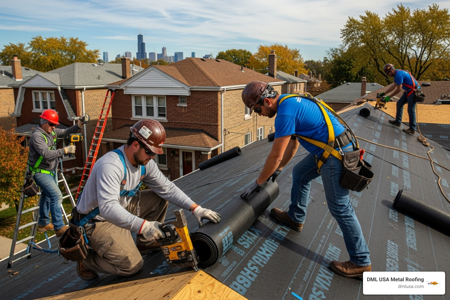 Roofing crew installing underlayment on a Chicago roof - asphalt roof installation chicago