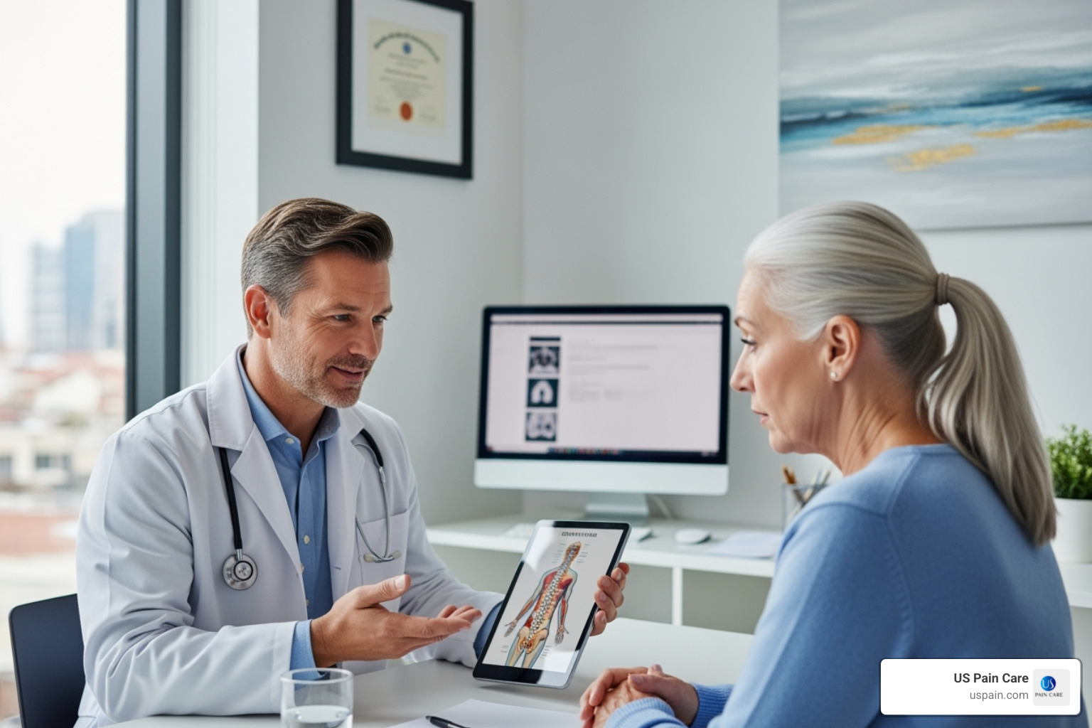 Doctor consulting with a patient about their back pain - lower back pain and spasms treatment