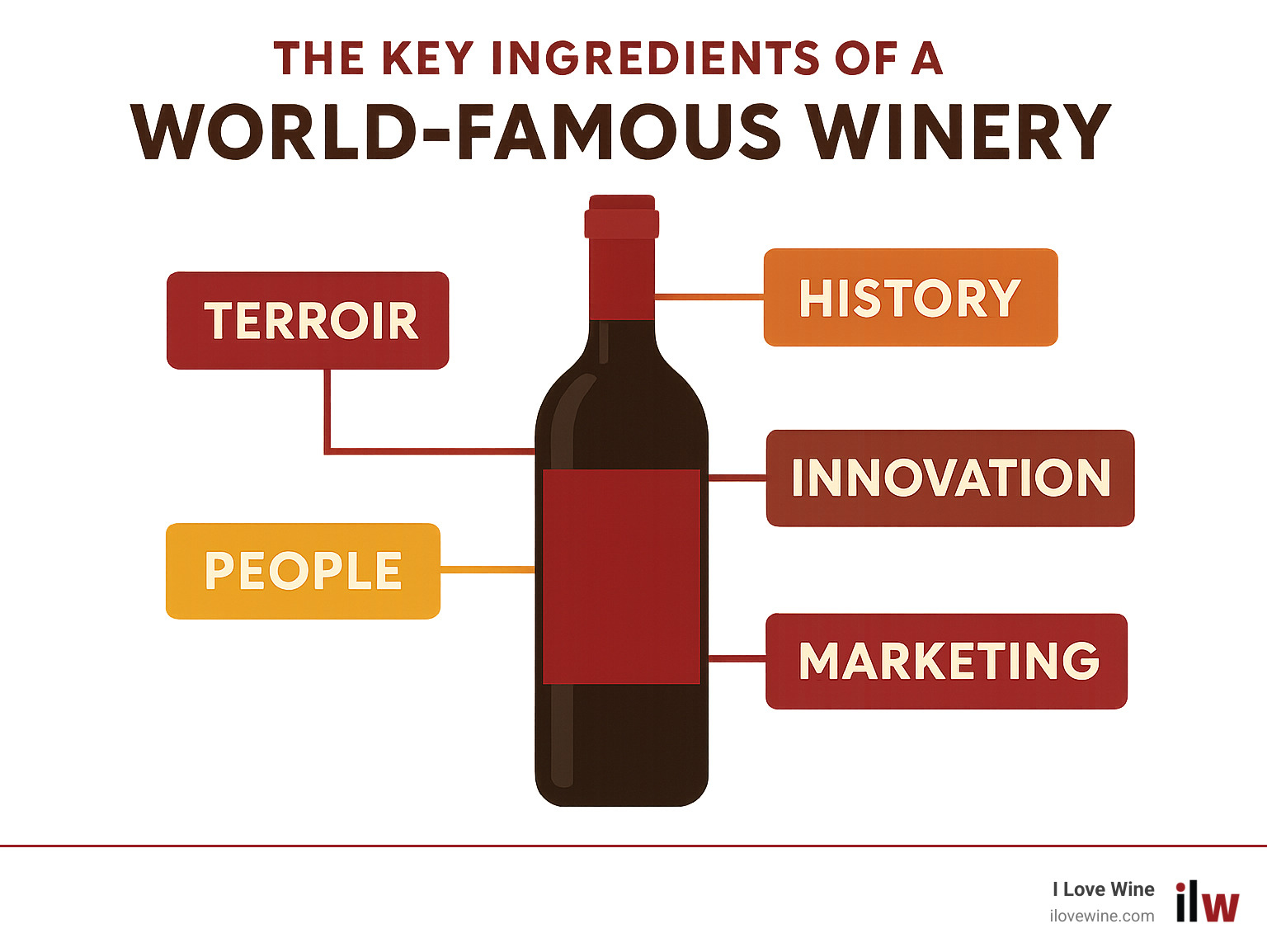 infographic explaining the key ingredients of a world-famous winery (e.g., a wine bottle graphic with labels for Terroir, History, Innovation, People, and Marketing) - most famous wineries infographic infographic explaining the key ingredients of a world-famous winery (e.g., a wine bottle graphic with labels for Terroir, History, Innovation, People, and Marketing) - most famous wineries infographic