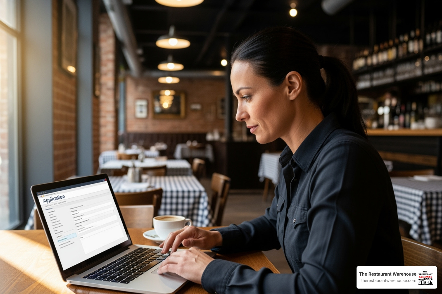 restaurant owner confidently submitting an online application on a laptop - restaurant equipment financing start up