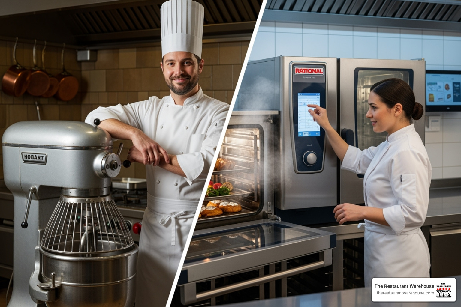 split screen showing a chef proudly owning equipment on one side and another chef using upgraded, leased equipment on the other - restaurant equipment financing start up