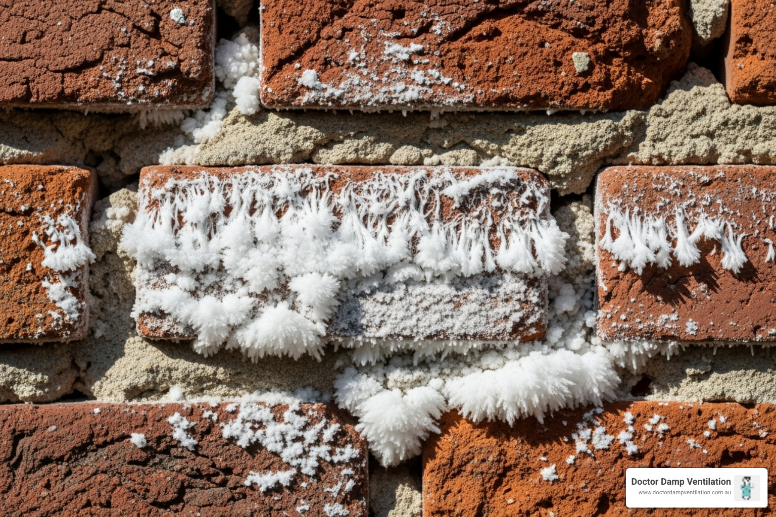 classic white, fluffy salt efflorescence on a brick wall - rising damp definition