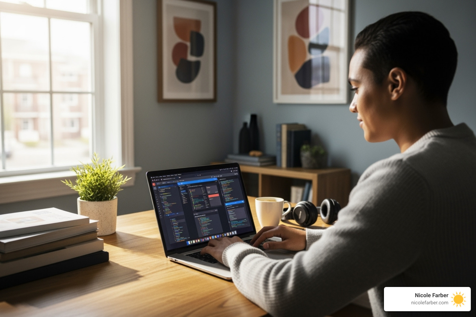 person working on a laptop in a pleasant home office setting - faith based life coach certification