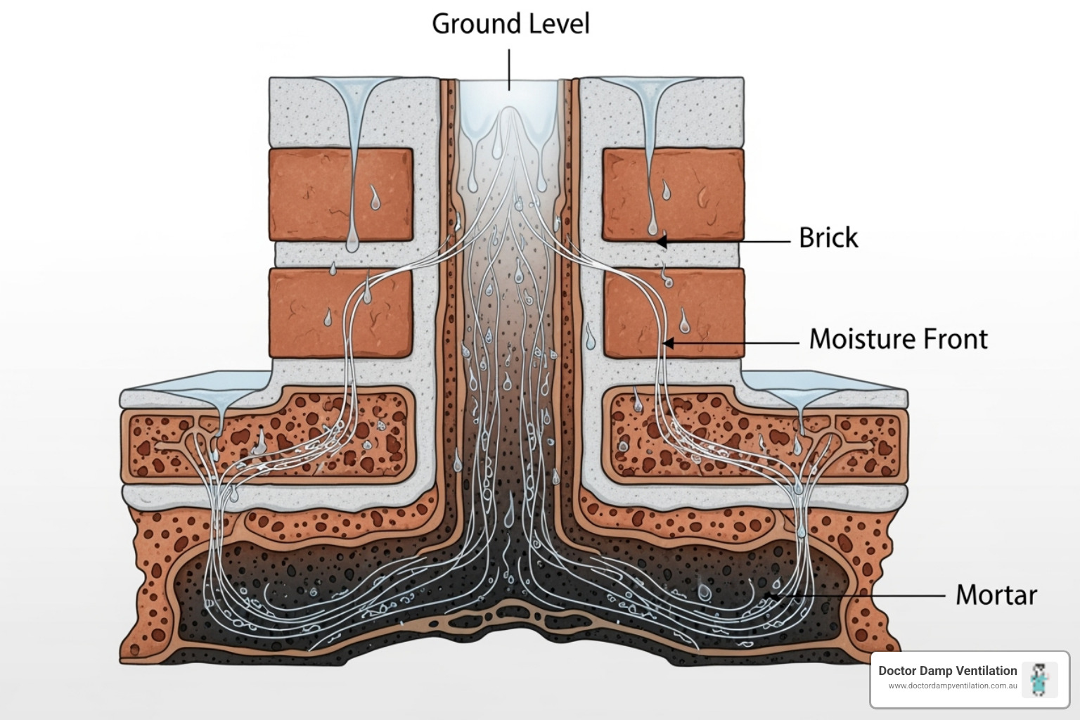 diagram showing capillary action in brickwork