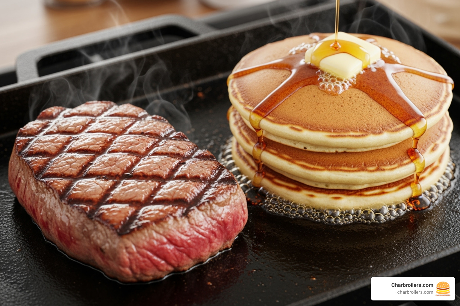 A juicy steak with perfect char marks next to a stack of golden-brown pancakes on a griddle - commercial countertop gas grill