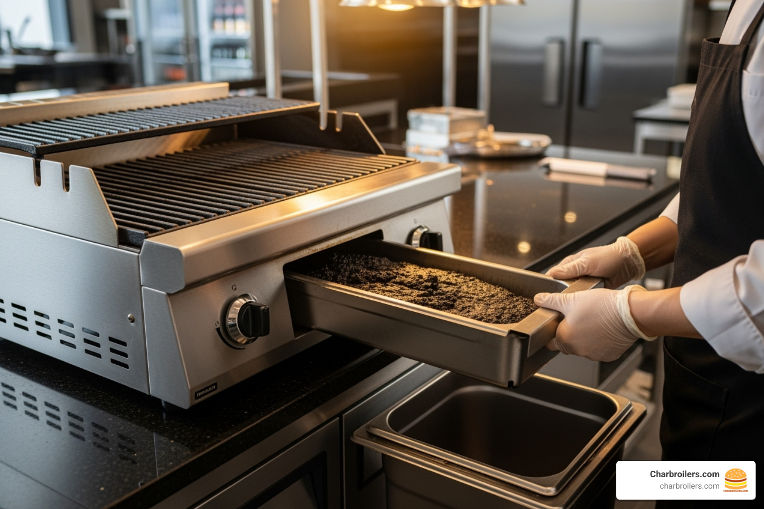 A clean, well-maintained countertop grill with its grease trap being emptied - commercial countertop gas grill