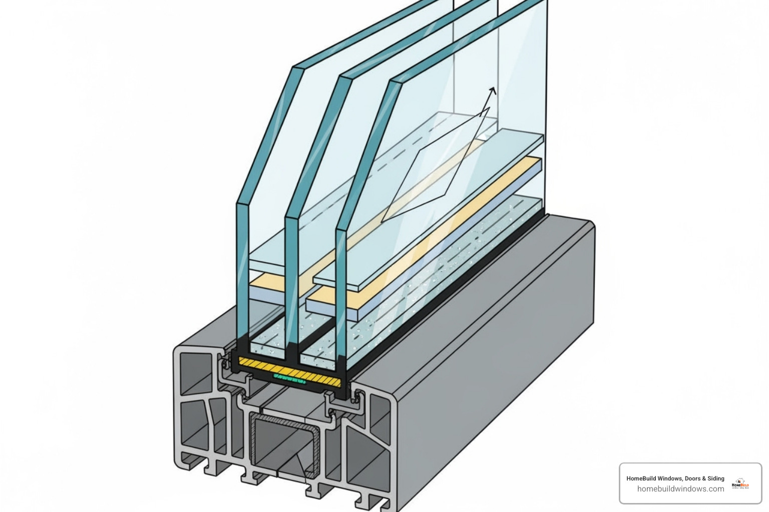 cross-section of a triple-pane window showing Low-E coatings, gas fill, and spacers - energy efficient windows chicago