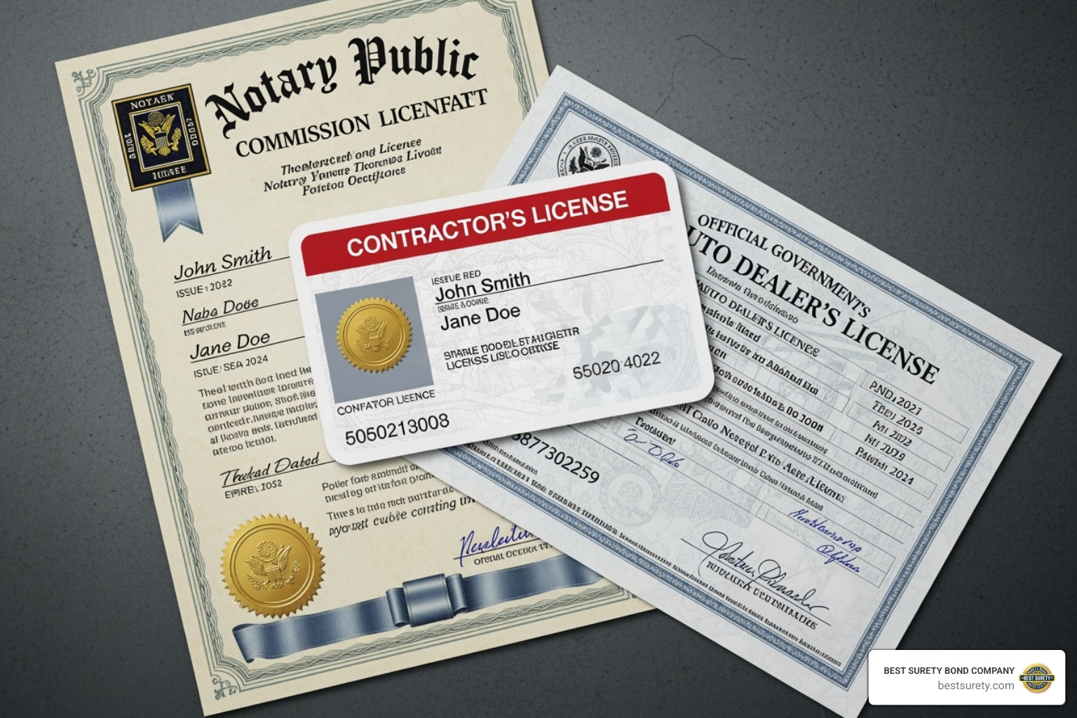 Collage of different professional licenses (contractor, auto dealer, notary) - surety bond california