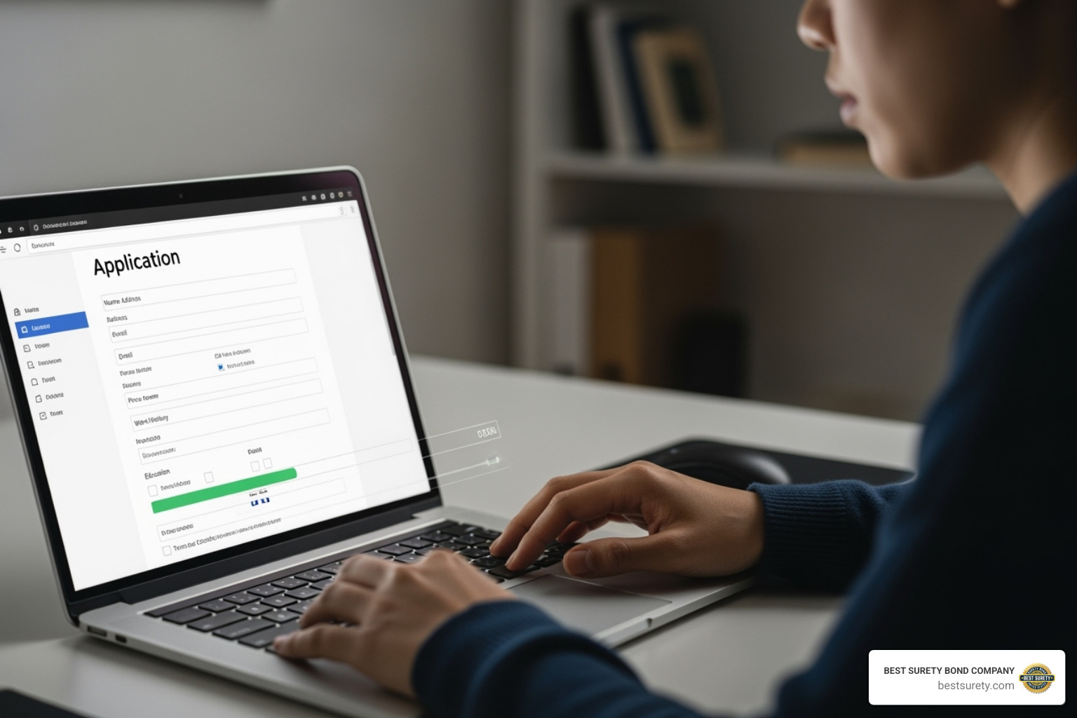 Person filling out an online application on a laptop - surety bond california