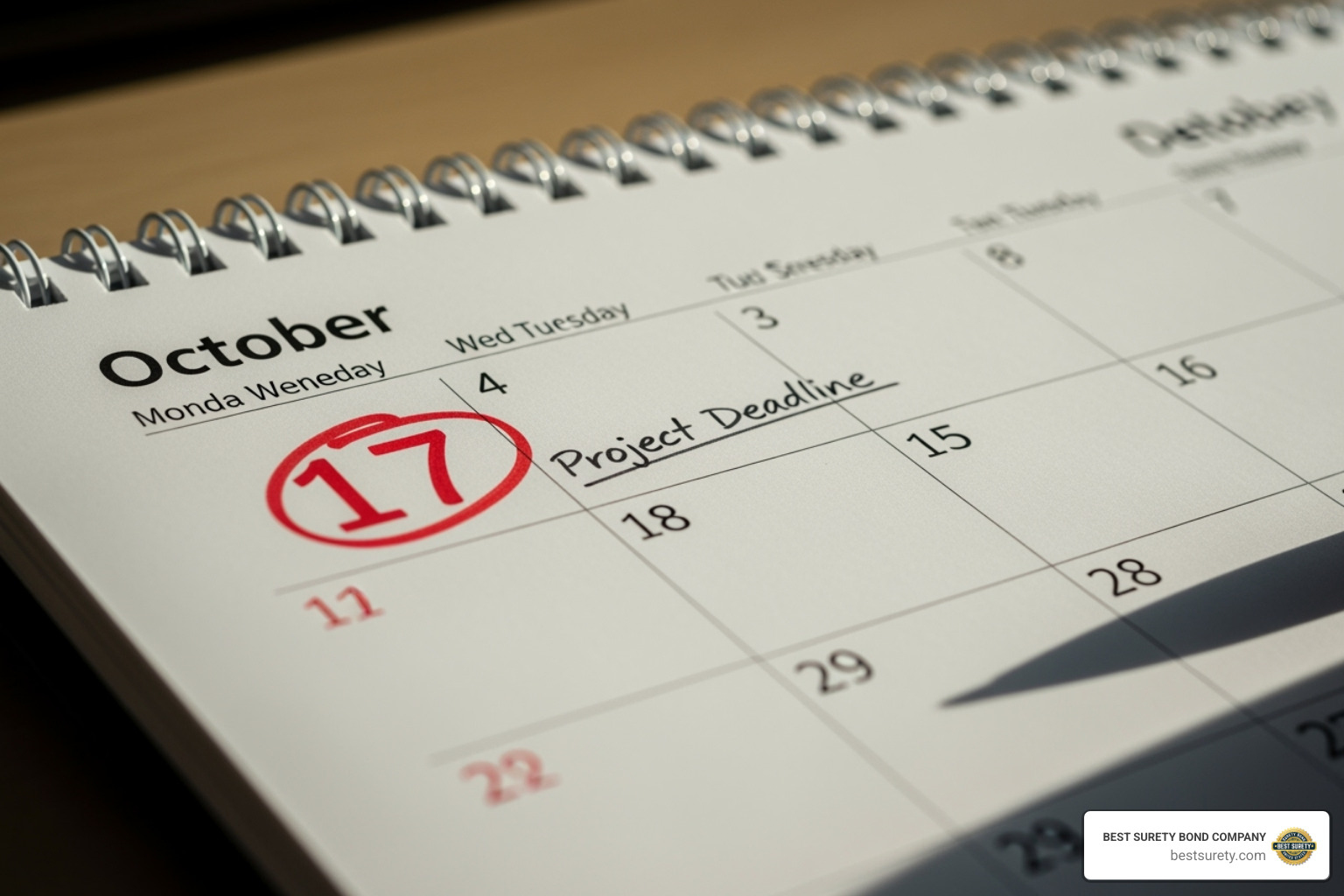 Calendar with a "Bond Renewal" reminder - surety bond california