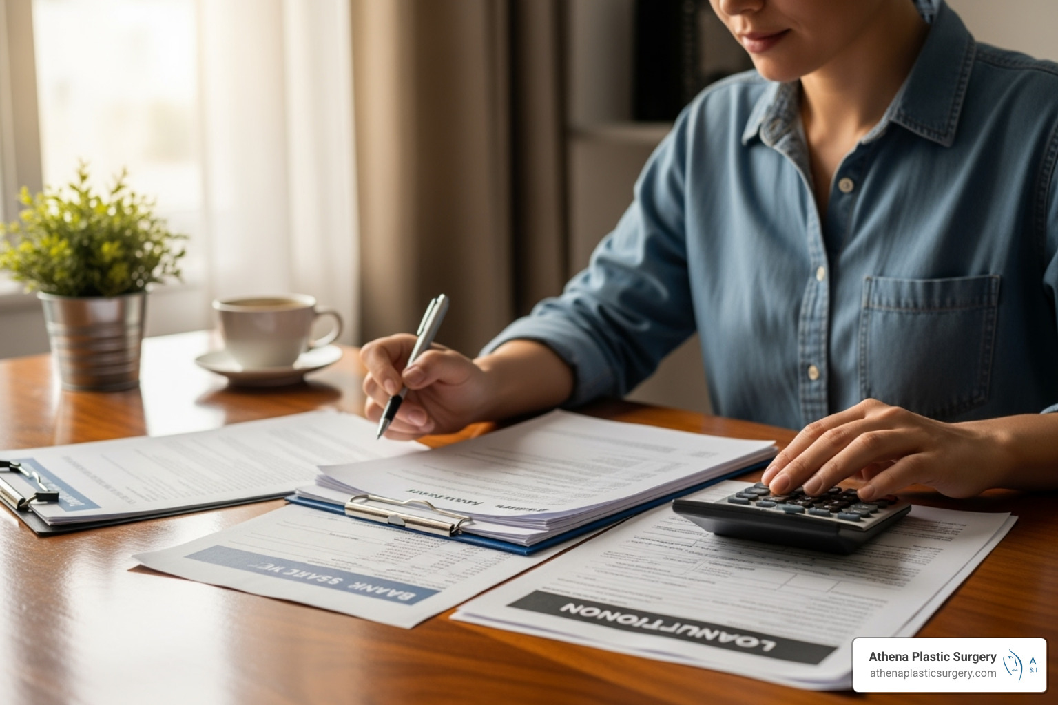 A person reviewing financial documents, possibly for a loan or payment plan, with a calculator and pen nearby. - prices for breast uplift and implants A person reviewing financial documents, possibly for a loan or payment plan, with a calculator and pen nearby. - prices for breast uplift and implants