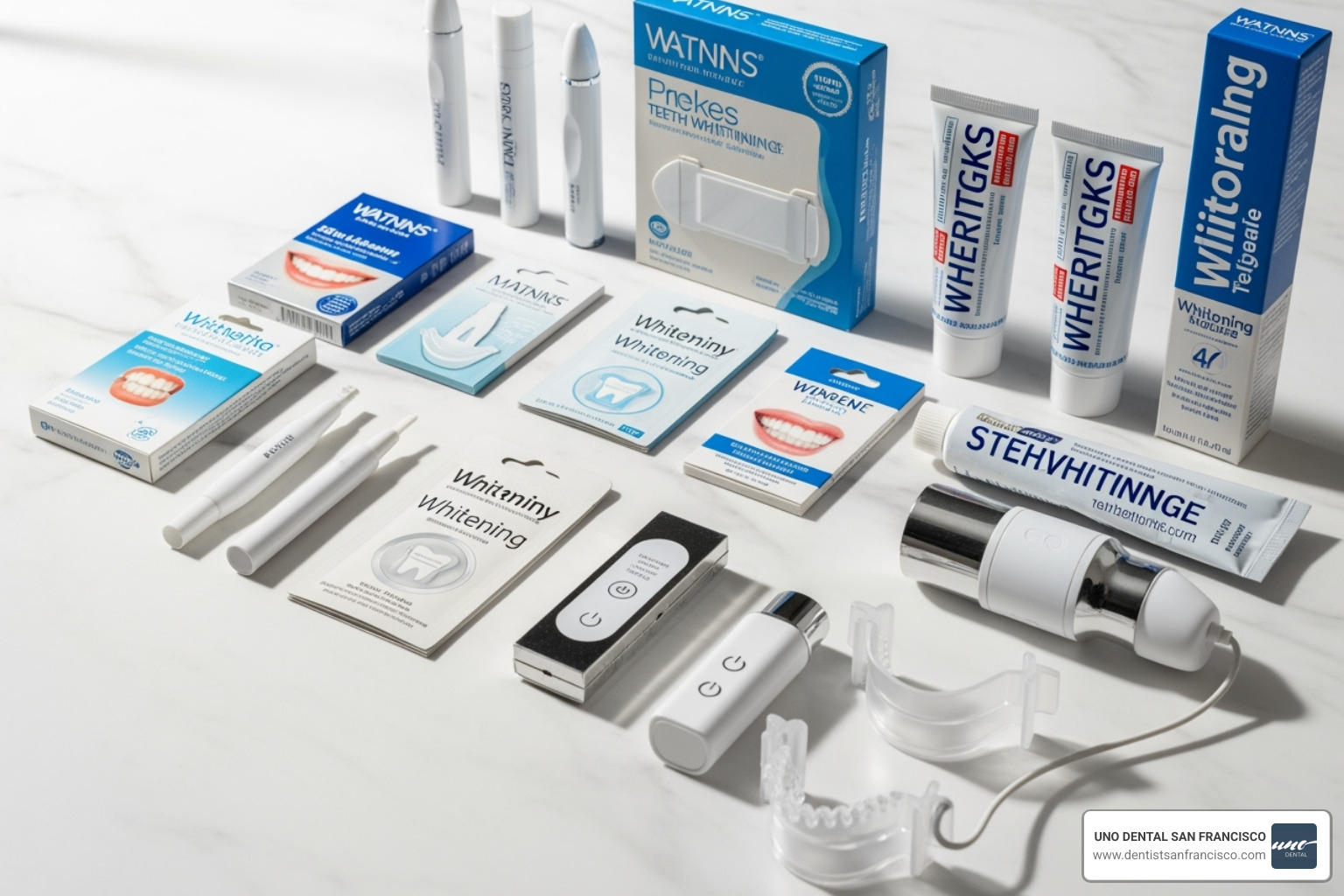 collection of different at-home non-abrasive whitening products - non abrasive teeth whitening